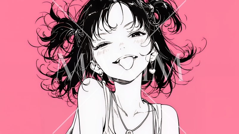 舌を出して陽気におどけている若い女性（シンプルな色使い）