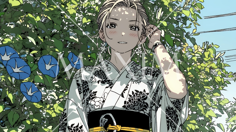 アサガオと浴衣姿の若い女性