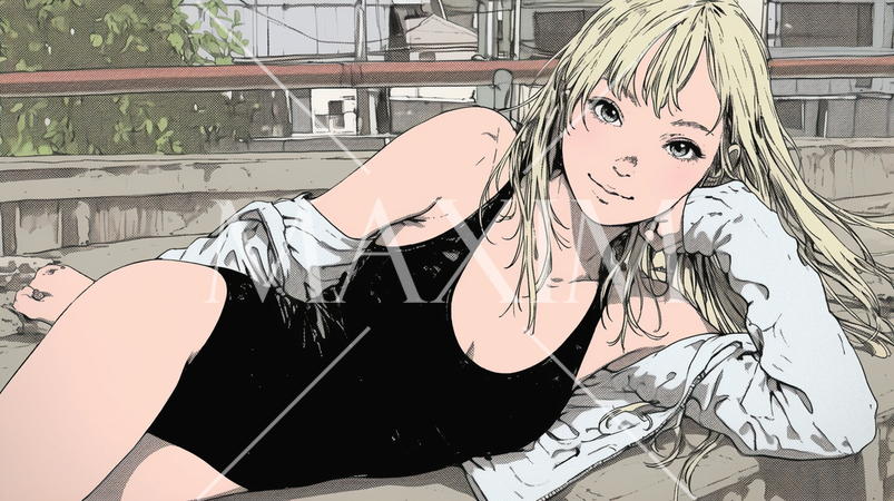 黒いレオタード姿でベランダに横になっている若い女性