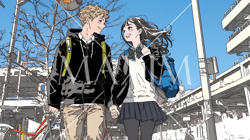 冬枯れ街をデートしている若い恋人たち