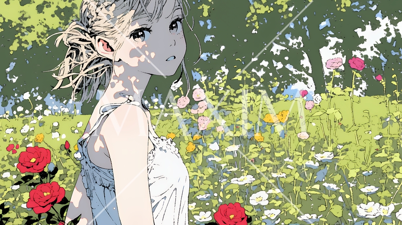 バラ園を散策している若い女性