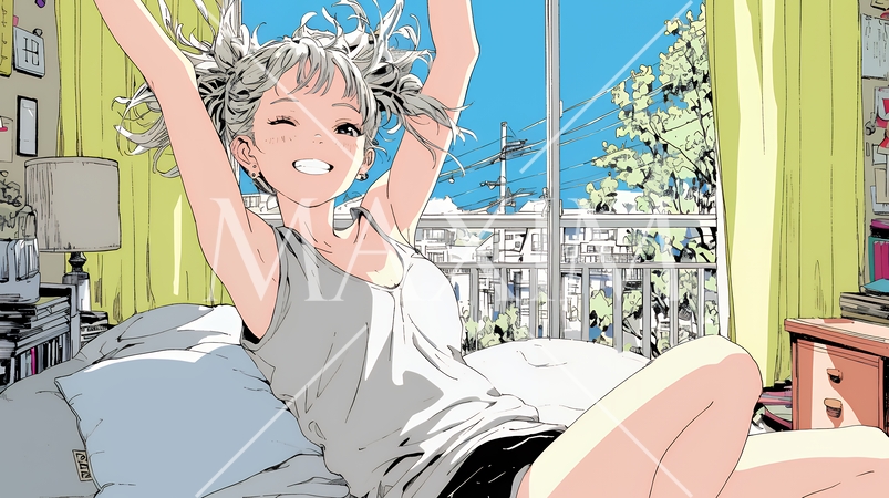 朝の目覚ましを止めて伸びをしている若い女性