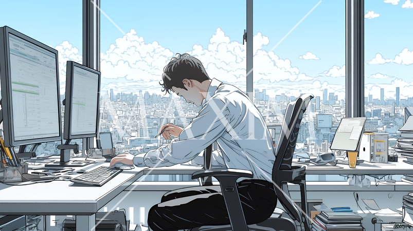 職場のデスクでパソコンに向かって仕事をしているビジネスマン