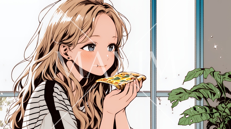 ピザを食べている若い女性