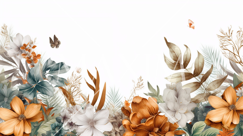 自然要素組合せ背景： 葉、花、枝など自然要素を使った格子模様を作成。自然の美しさや温かみ表現。