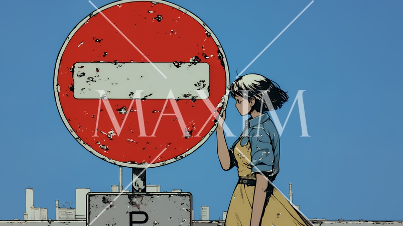 Noという意思表示：進入禁止マークと無表情な女性で表現