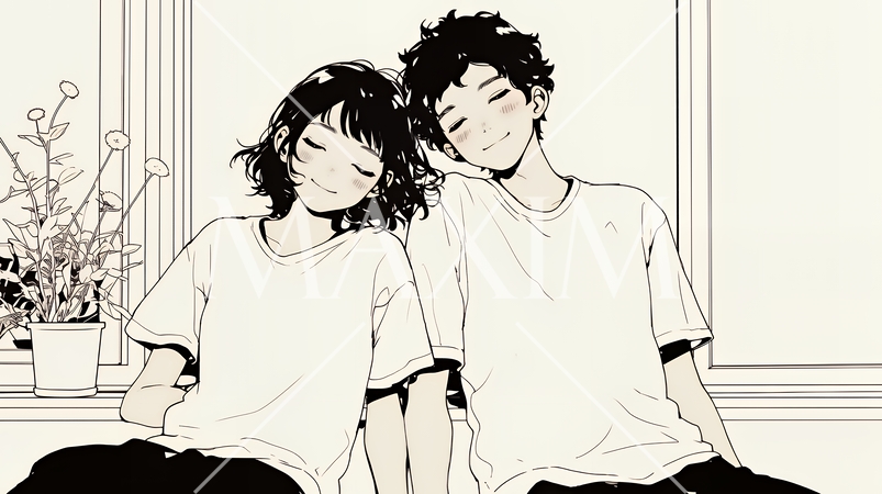 幸せそうなカップル：リビングルームて談笑（シンプルな色使い）