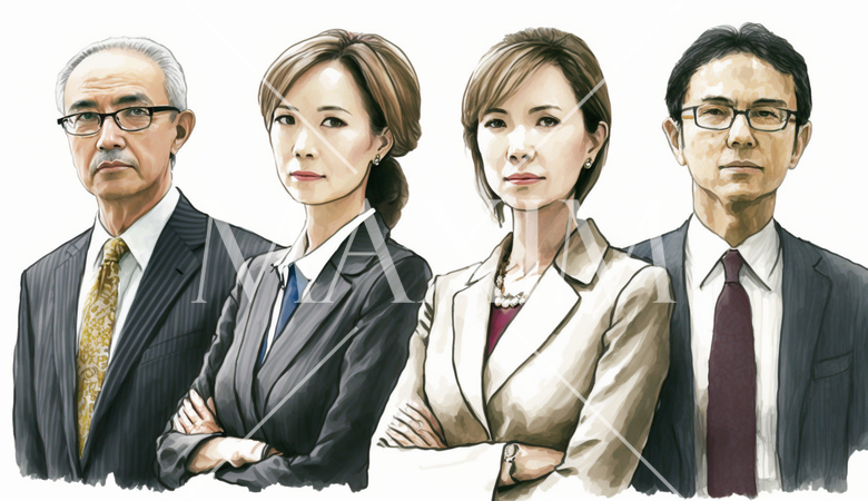 コーポレート・ガバナンス：会社の幹部が自信を持って前を見据えて歩いていることで表現