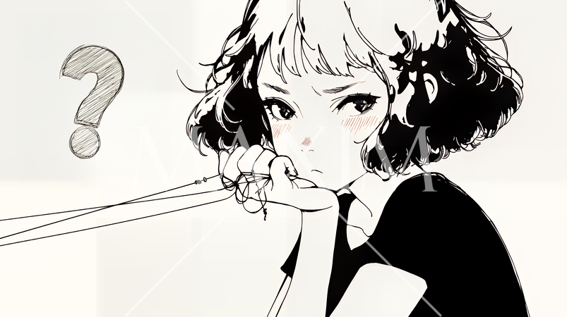 クエスチョンマークのある場面：頭の中にクエスチョンマークが生まれている（シンプルな色使い）