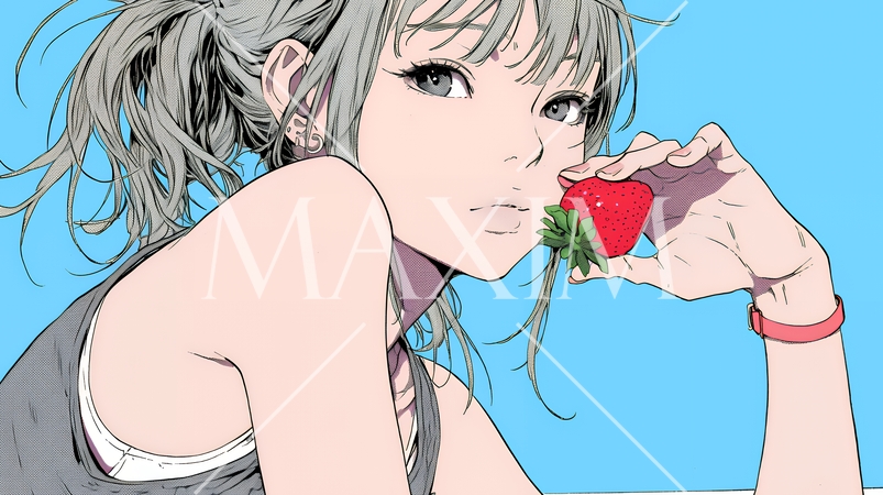 イチゴを摘んで食べている若い女性