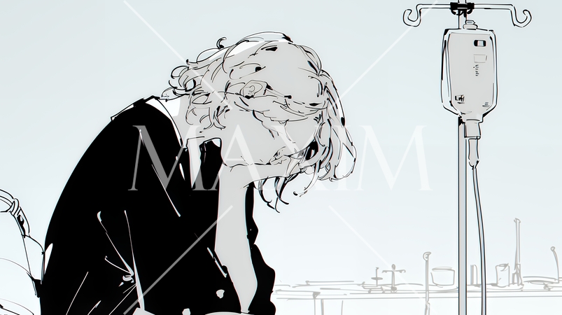 病院のベッドに腰掛けて気落ちしている女性（シンプルな色使い）