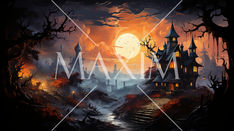 ハロウィンをイメージした古い屋敷の水彩画