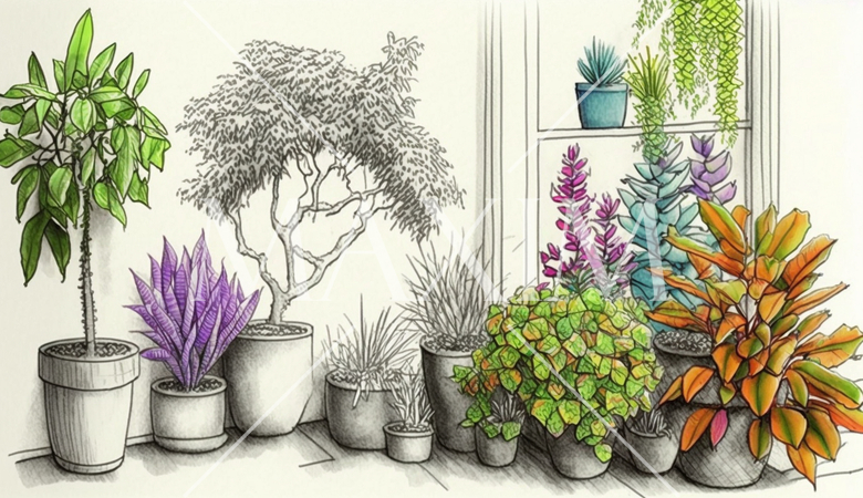 背景や挿絵用の植物の色鉛筆画