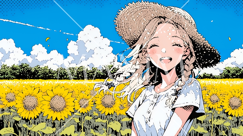 夏の晴天の日、ひまわりの畑を散策している若い女性