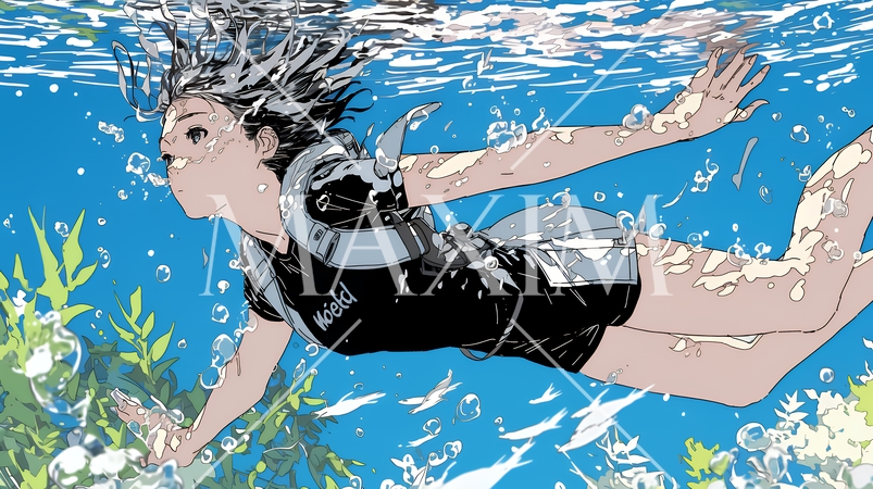 海で泳いでいる若い女性