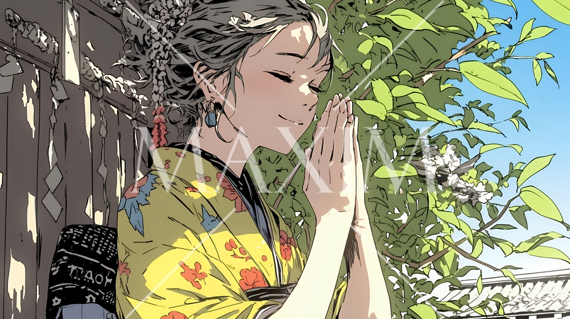 手を合わせてお祈りをしている和服姿の若い女性