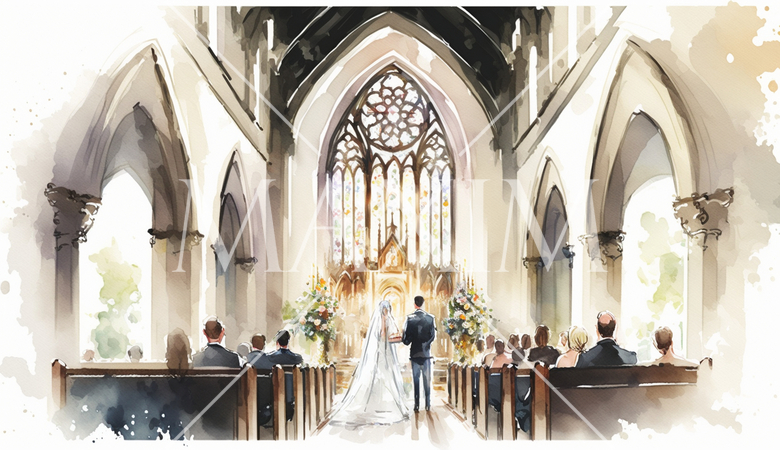 教会での結婚式の水彩画