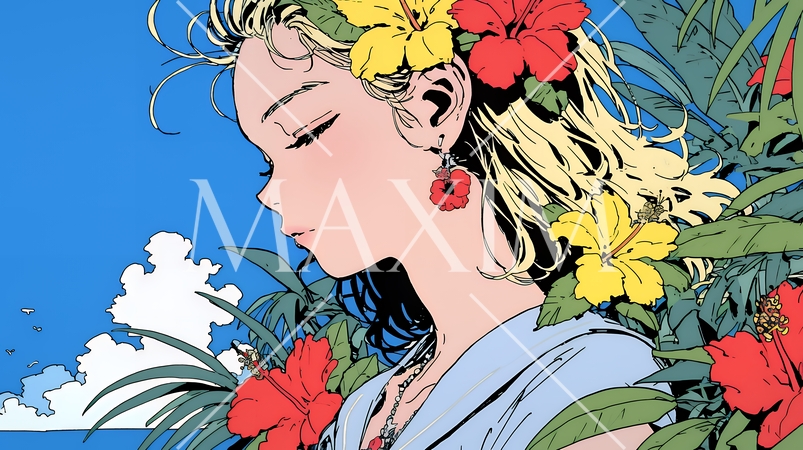 ハイビスカスと若い女性