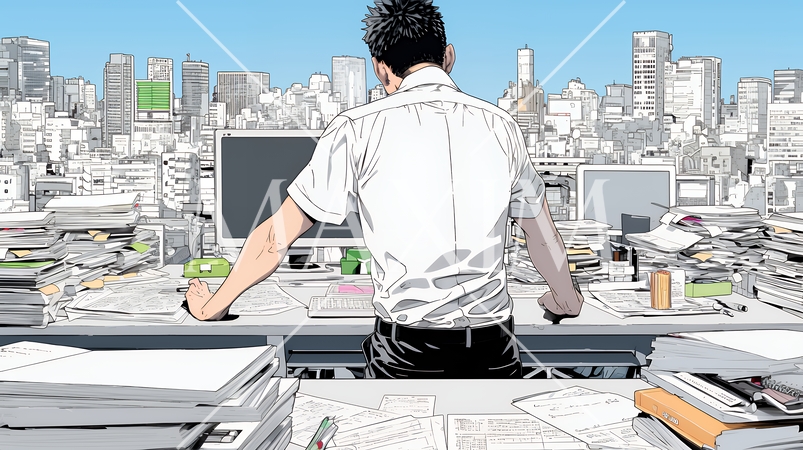 オフィスのデスクで、入念に書類をチェックする男性