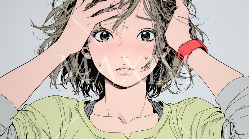 額に手を当てて「困ったな」ポーズをしている若い女性