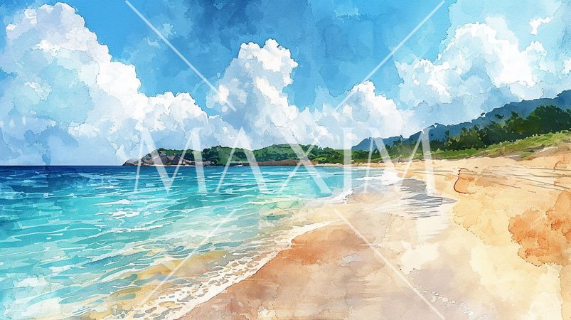 南国の島の浜辺と青い空のイラスト