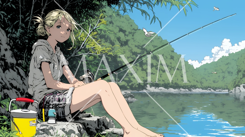 岸から魚釣りを楽しむ若い女性｜渓流・自然・アウトドア・ライフスタイル