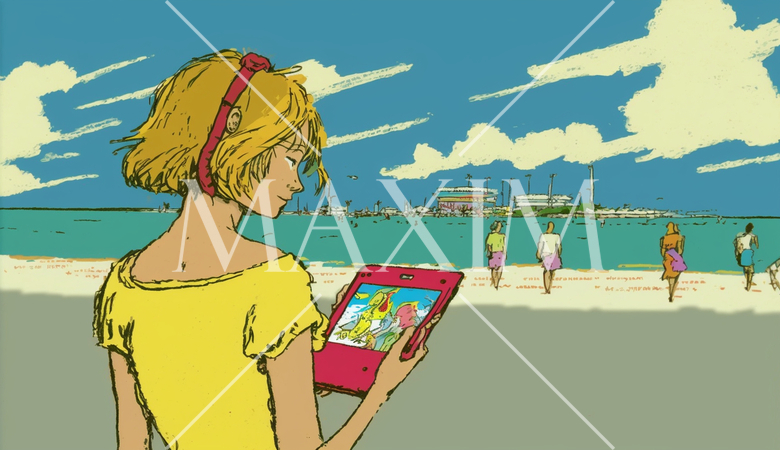 海辺のリゾートに来ているのに仕事のデジタルデバイスを手放せない女性