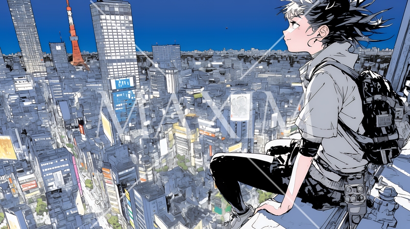 都市の夜景を眺めている女性