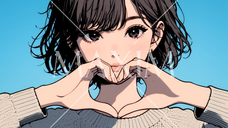 ハートマークを手で作り愛情表現をしている若い女性