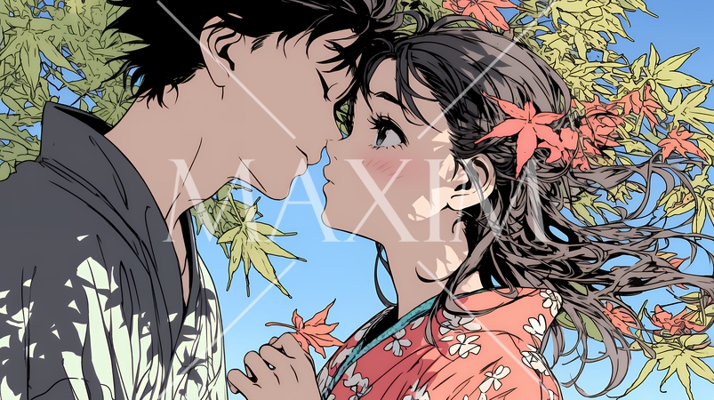 秋の紅葉の下でキスをしている若い恋人たち