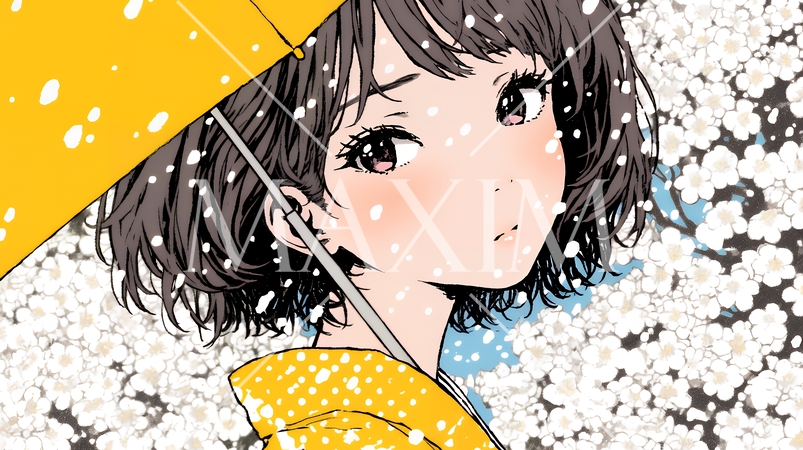 梅花と和服姿の若い女性