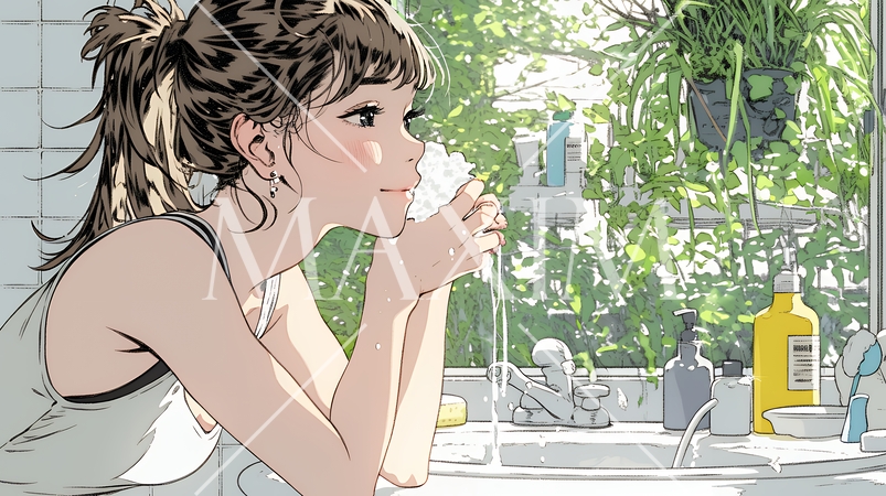 洗面所で朝の洗顔をする女性