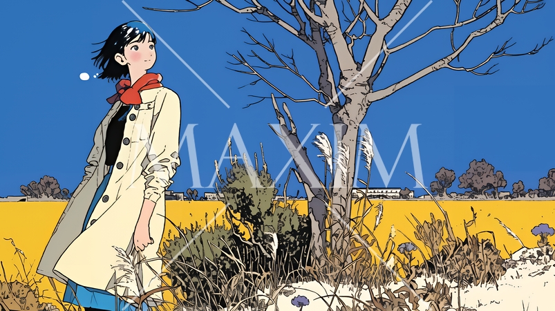 冬枯れの郊外の道を歩く若い女性