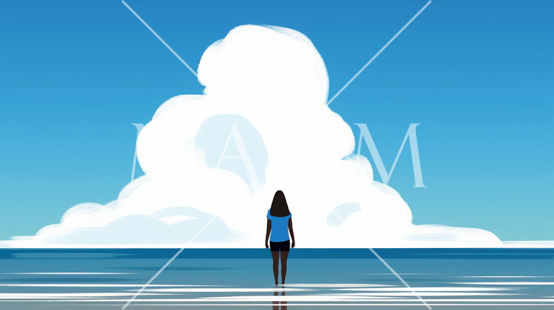 真夏の海と大きな入道雲と若い女性の後ろ姿