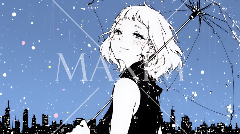 雨の中を歩く女性（シンプルな色使い）