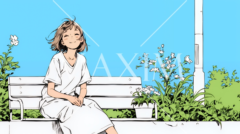 公園のベンチでひとり静かにくつろぐ若い女性（シンプルな色使い）