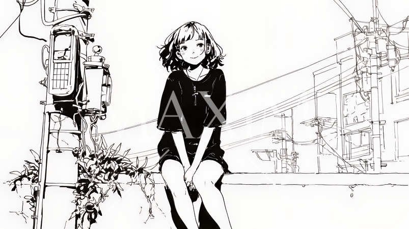 若い女性が佇む都市の街角（シンプルな色使い）