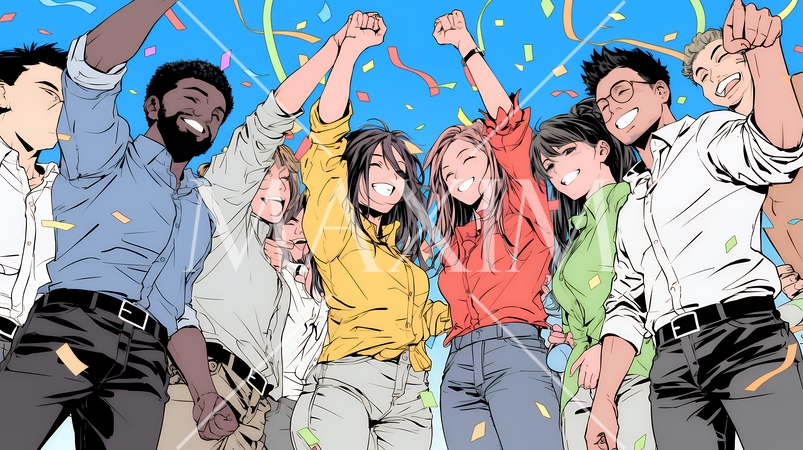 プロジェクト成功を喜ぶスタートアップチーム｜オフィスで大喜びするビジネスパーソン