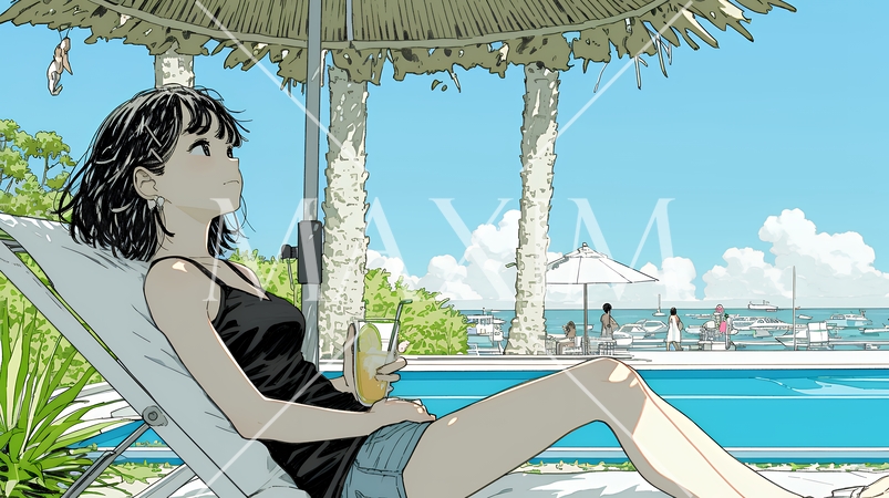 プールサイドのデッキチェアでくつろぐ若い女性｜夏のリゾートとリラックスライフスタイルイメージ