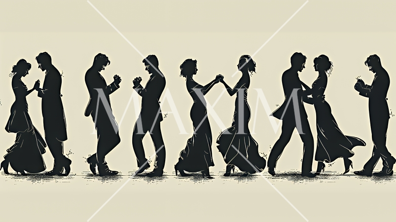 社交ダンスを楽しむ人たちのシルエット｜優雅でエレガントなボールルームダンスイメージ