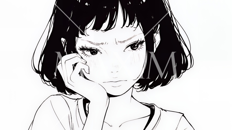 嫉妬の表情を浮かべる若い女性（シンプルな色使い）