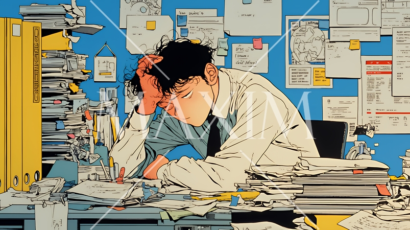 深夜残業で疲弊する会社員｜過労とストレスに悩むビジネスパーソン（ブラック企業イメージ）