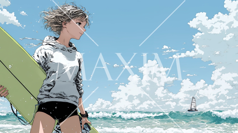 サーフボードを持ち海を見つめる若い女性｜ビーチ・リゾート・ライフスタイル・アウトドア