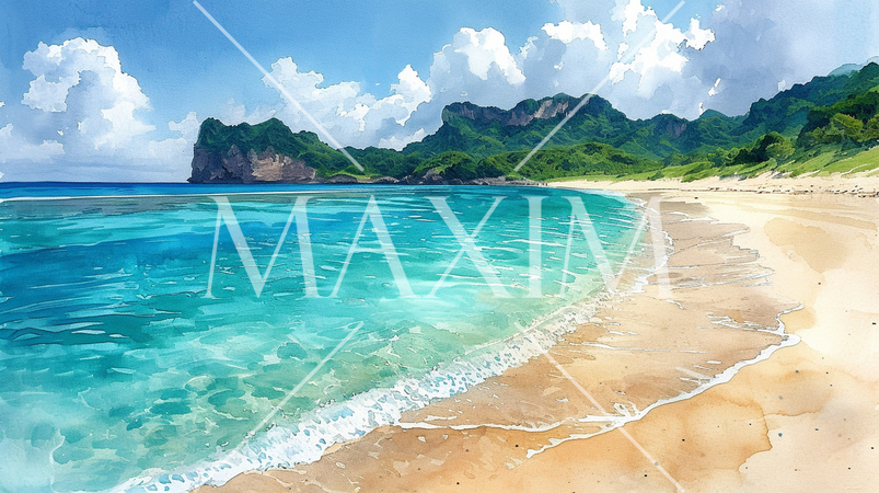 南国の島の浜辺と青い空のイラスト