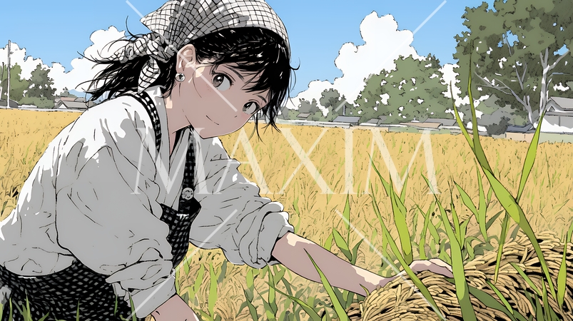 田んぼで農作業をしている女性