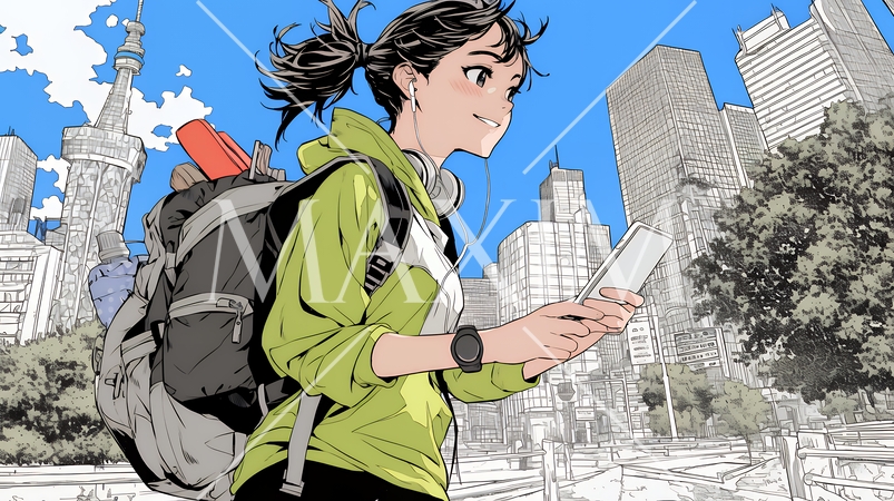 スマホの地図アプルを頼りに目的地に向かって歩いている女性：歩きスマホ