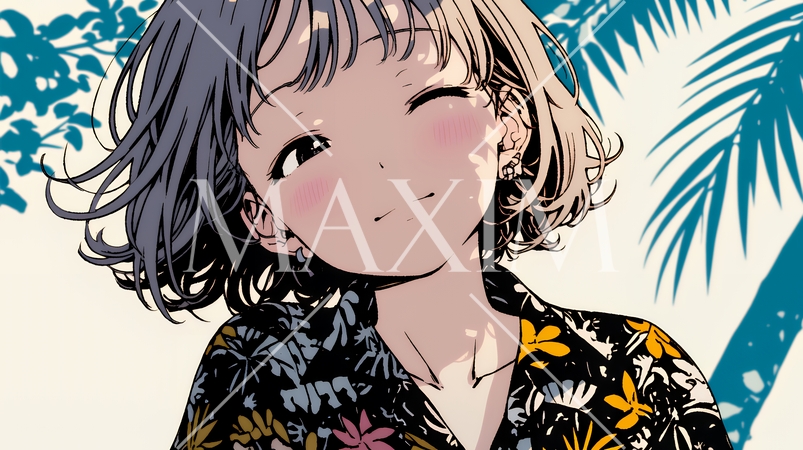 沖縄のかりゆしファッションを着て笑顔いっぱいの若い女性