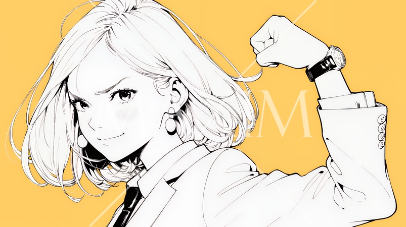 ガッツポーズ（拳を握って力強く）をしているビジネスウーマン（シンプルな色使い）