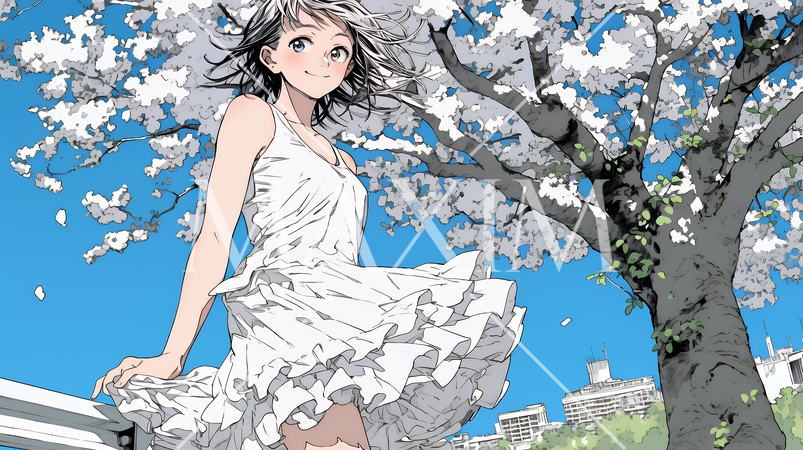 スカートを揺らしながら春風と戯れている若い女性