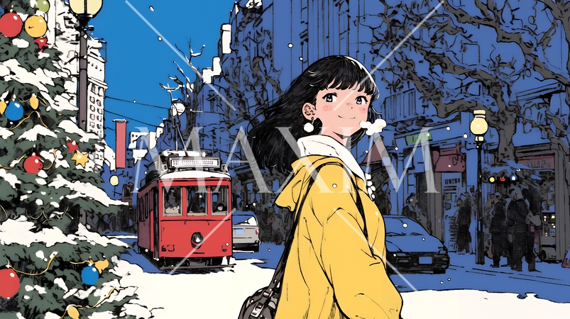 ホワイトクリスマスの街を歩く若い女性